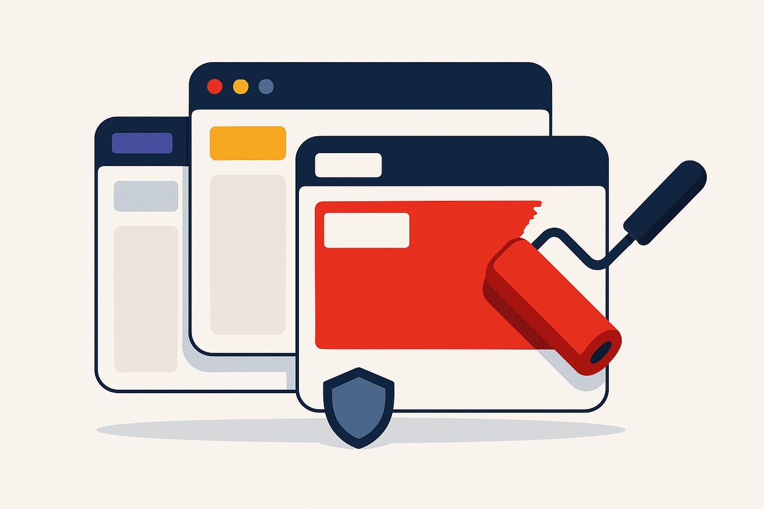 Flat illustration of three stacked browser windows with blank brand badges and a paint roller applying a new colour