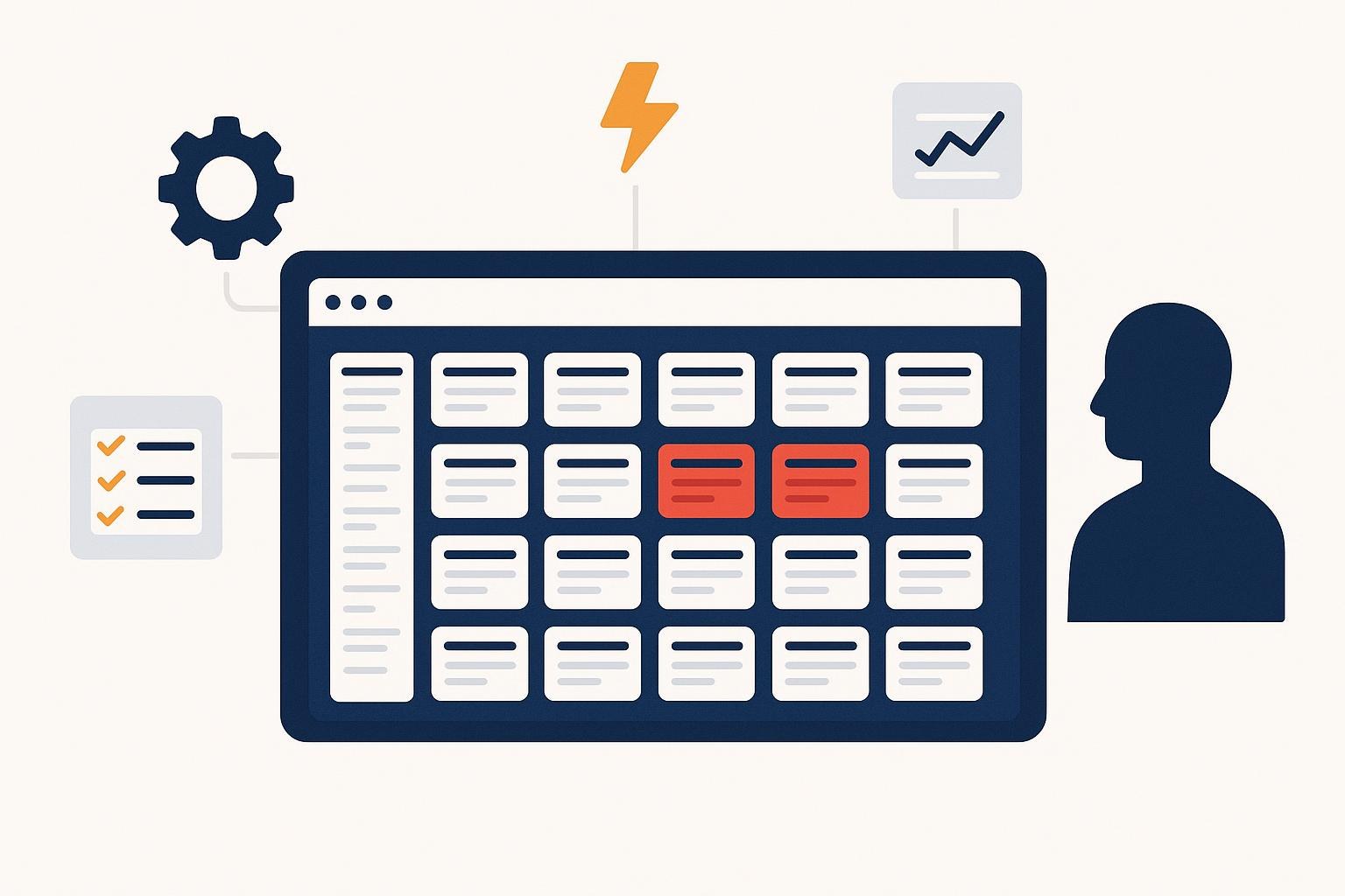 Flat illustration of a dashboard holding a grid of client website cards, two flagged in red, with gear, chart and checklist panels around it