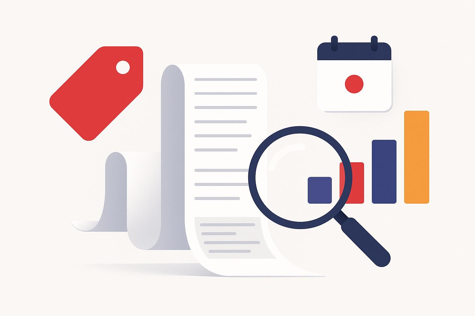 Flat illustration of a long receipt, a price tag, a renewal calendar and a rising bar chart under a magnifying glass