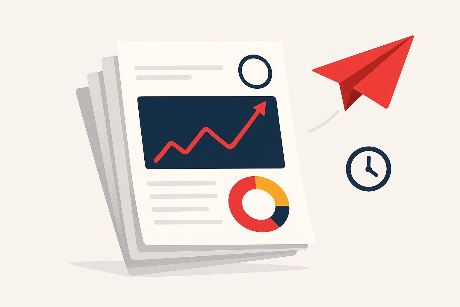 Flat illustration of a fanned stack of branded report sheets with charts and a paper plane leaving the stack